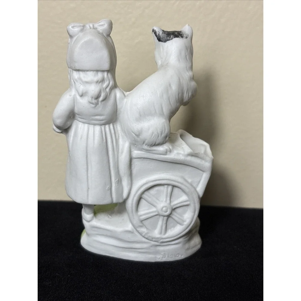 ANTIQUE GERMAN? BISQUE PORCELAIN FIGURINE‎ Bud Vase - Girl with Wagon & Cat!